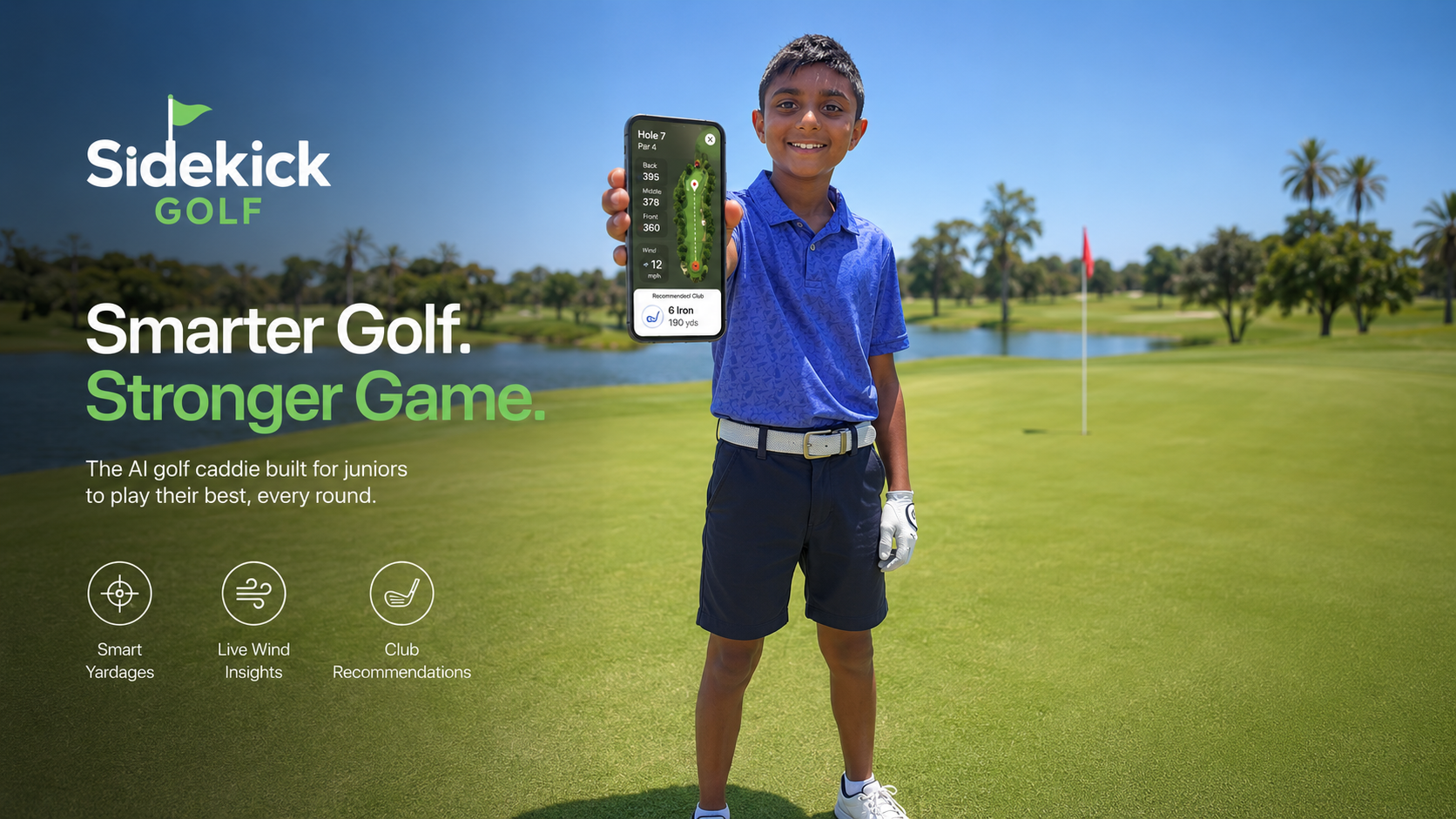 Kai Annamalai holding a phone showing Sidekick Golf on a golf course
