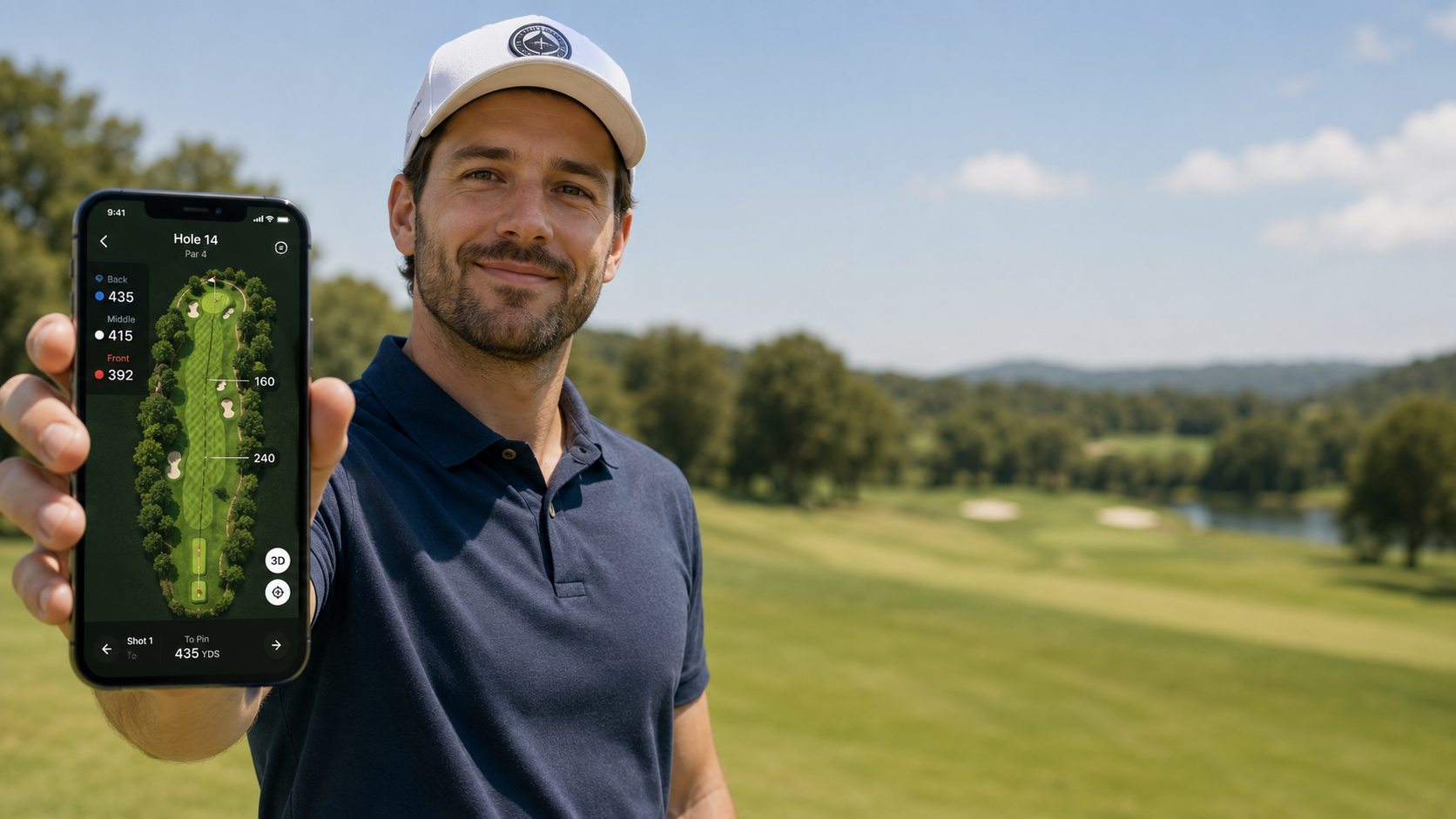 A golfer holding a phone showing a golf hole layout